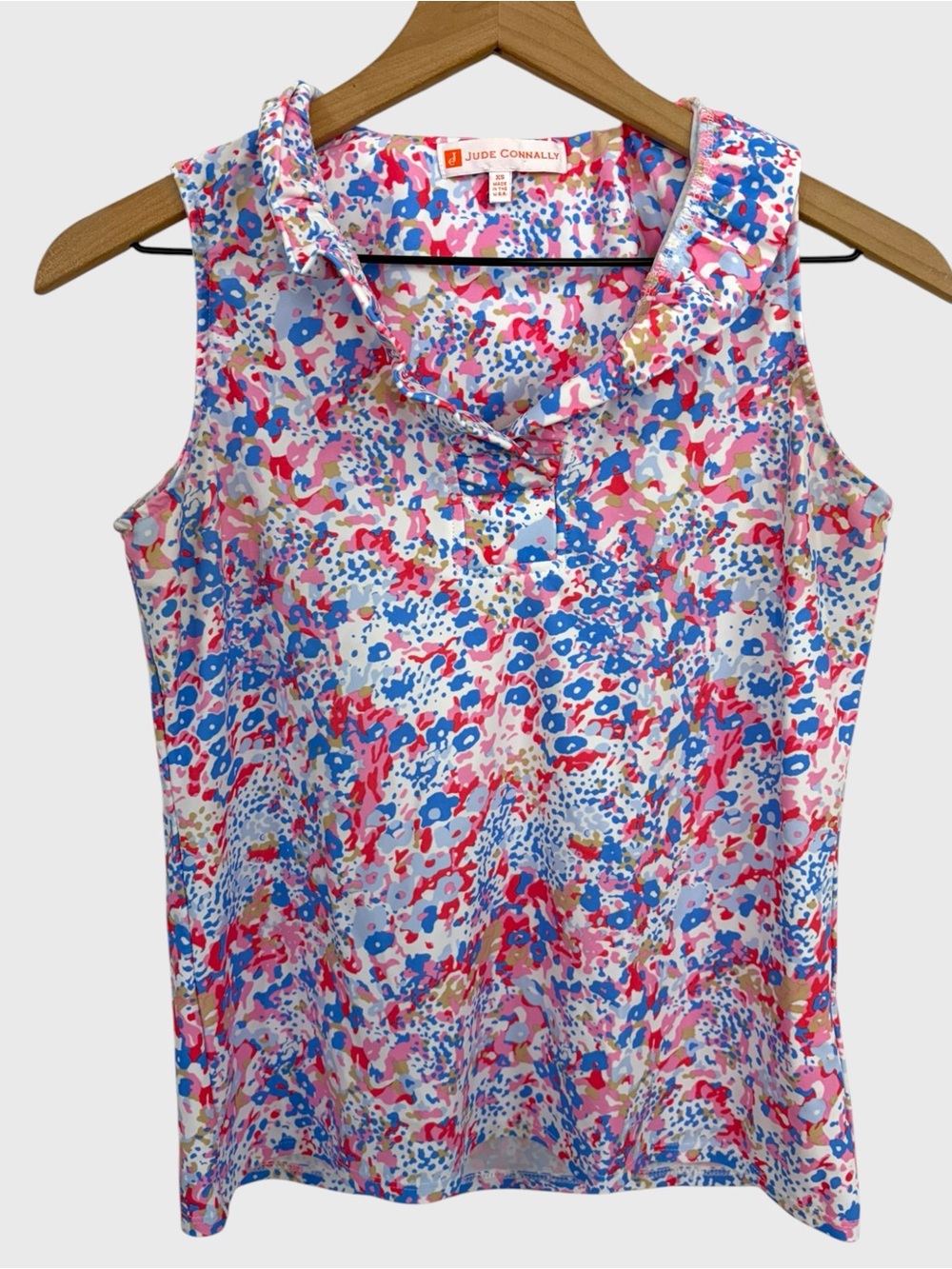 Jude Connally Pink Blue Abstract Print Sleeveless Ruffle Neck Top Size XS
